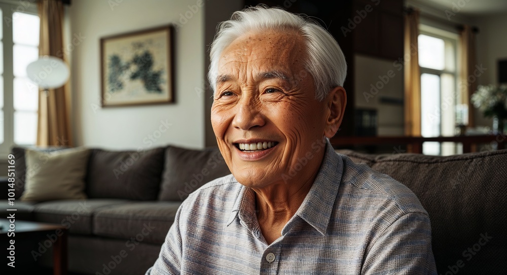 Chinese elder man smiling on living room background