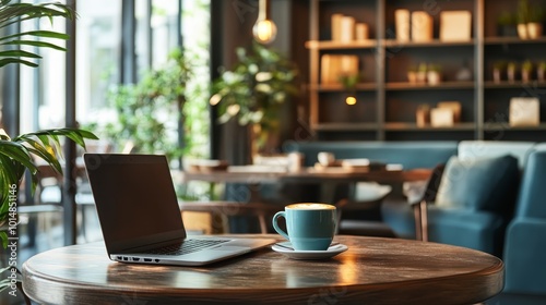 A cozy caf? scene featuring a laptop and a coffee cup on a wooden table, ideal for work or relaxation.