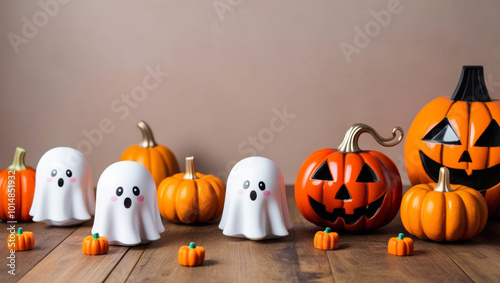 Cute little white ghosts with pumpkins, jack o lanterns on dark background