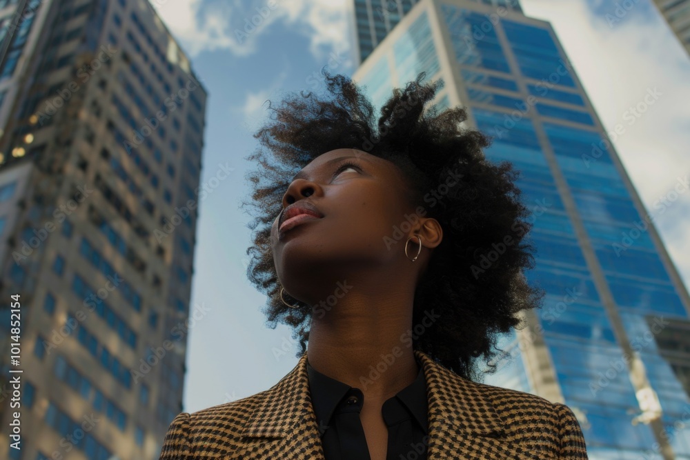 Fototapeta premium A woman standing outside a modern high-rise building, great for urban scenes or cityscape uses