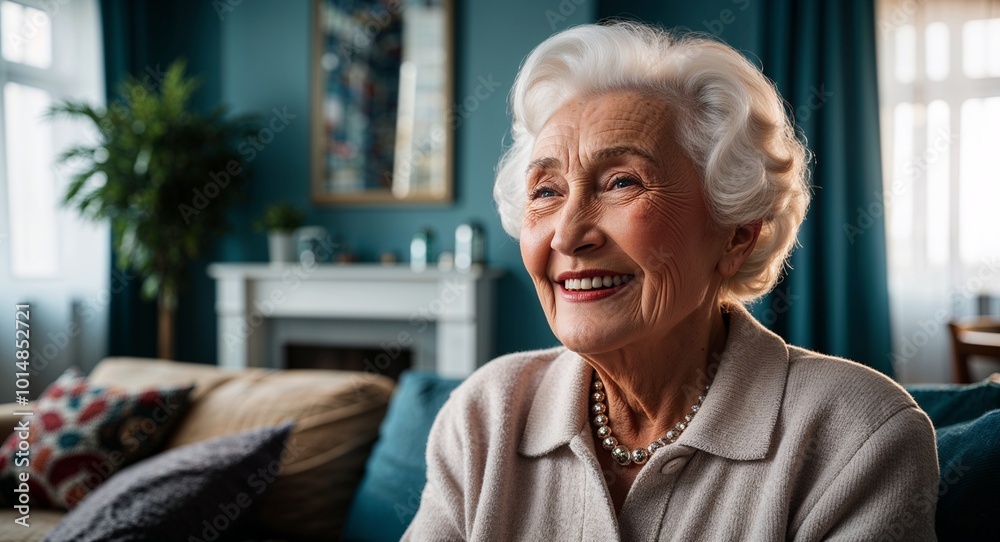 Russian elder woman smiling on living room background Russian elder woman smiling on living room background