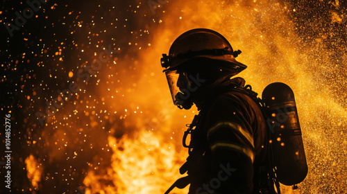 A firefighter silhouetted against raging fire, showcasing bravery and determination amidst chaos. intense flames and sparks create dramatic backdrop, highlighting heroism of first responders