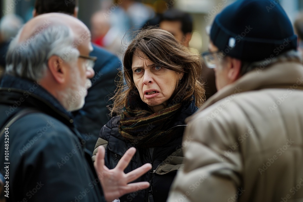 A woman converses with a man in a busy public area, possibly a street or market A woman converses with a man in a busy public area, possibly a street or market