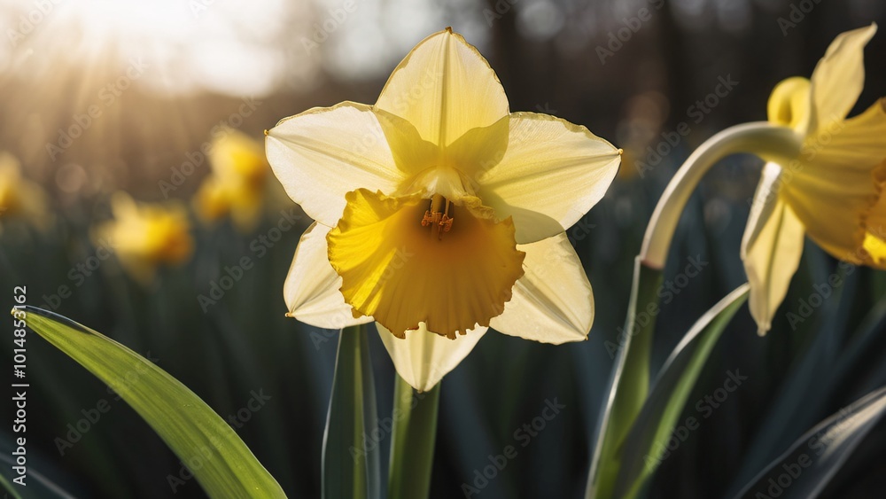 Fototapeta premium Sunlit Daffodil in Full Bloom with Golden Petals