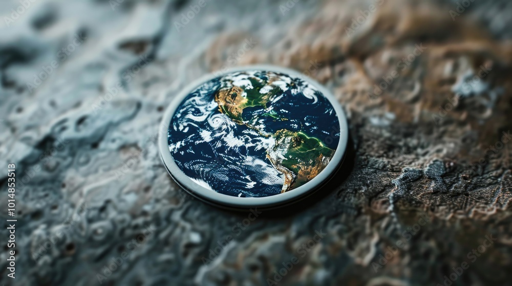 A close-up image of the Earth sitting on a rock, with a blue and green tone A close-up image of the Earth sitting on a rock, with a blue and green tone