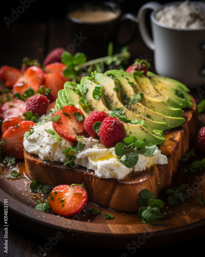 A gourmet toast with creamy avocado and poached egg, garnished with chives and spices, accompanied by fresh strawberries, creating a flavorful and delicious dish. photo