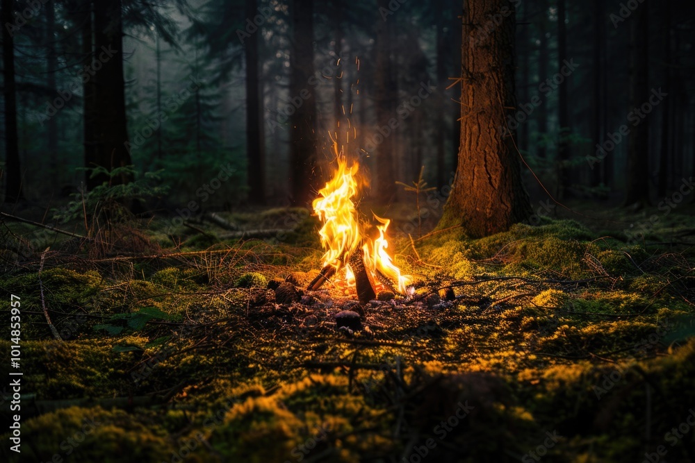 A campfire in the middle of a forest A campfire in the middle of a forest