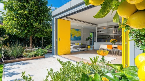 High-resolution garden room with lemon yellow sliding doors, creating a vibrant space for outdoor living Contemporary design photo