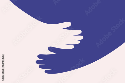Abstract illustration of hands hugging, embodying care, protection, and togetherness. Suitable for charity events and supportive community services