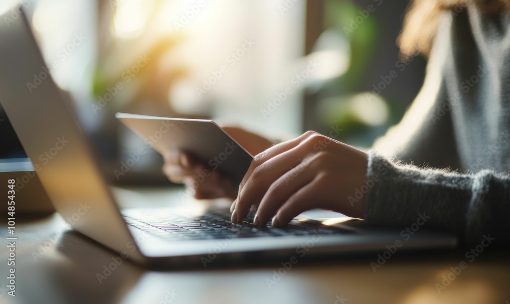 Fototapeta premium Woman typing on laptop with one hand.