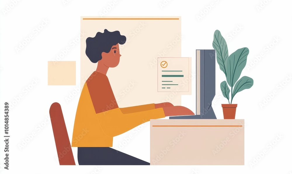 Person working at desk with computer. Person working at desk with computer.