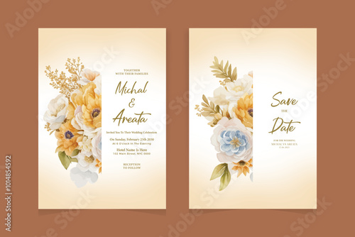 wedding invitaion card set template design with pink rose watercolor and gold leaf