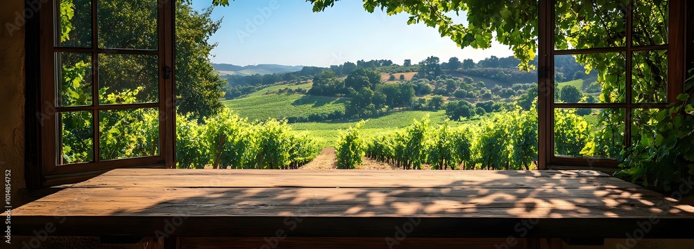 4. A charming wooden table positioned by an open window, framing a breathtaking vineyard view filled with vibrant green grapes and rolling hills, providing an inviting space for product presentation 4. A charming wooden table positioned by an open window, framing a breathtaking vineyard view filled with vibrant green grapes and rolling hills, providing an inviting space for product presentation