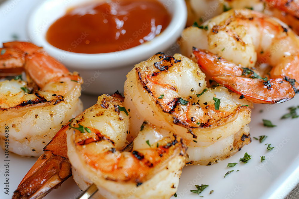 Grilled shrimp skewers with fresh herbs and dipping sauce, ideal for barbecue, seafood platters, and gourmet presentations, featuring perfectly charred shrimp and vibrant seasoning Grilled shrimp skewers with fresh herbs and dipping sauce, ideal for barbecue, seafood platters, and gourmet presentations, featuring perfectly charred shrimp and vibrant seasoning