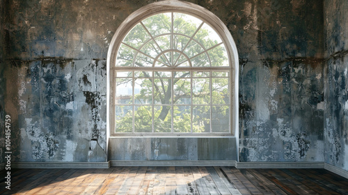 Modern arched window interior with distressed wall and hardwood floor