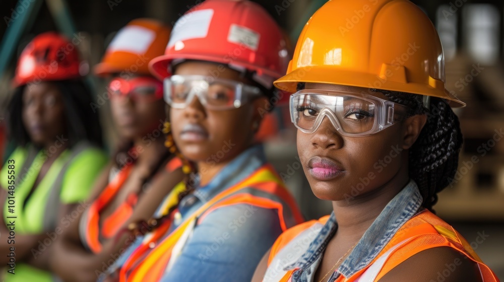 A group of women in hard hats and safety glasses, preparing for construction work A group of women in hard hats and safety glasses, preparing for construction work