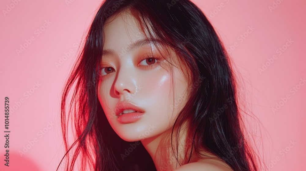 Asian woman with long hair and flawless skin, showcasing a natural makeup look against a pink backdrop. Asian woman with long hair and flawless skin, showcasing a natural makeup look against a pink backdrop.