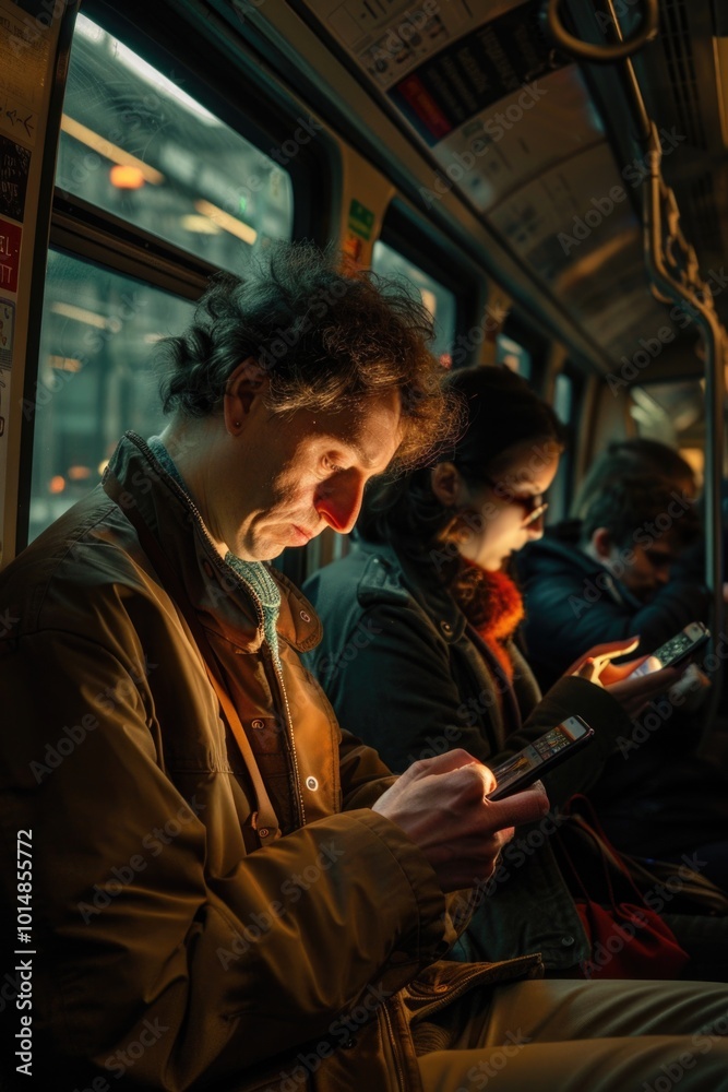 Group of people on a bus gazing at their mobile devices Group of people on a bus gazing at their mobile devices