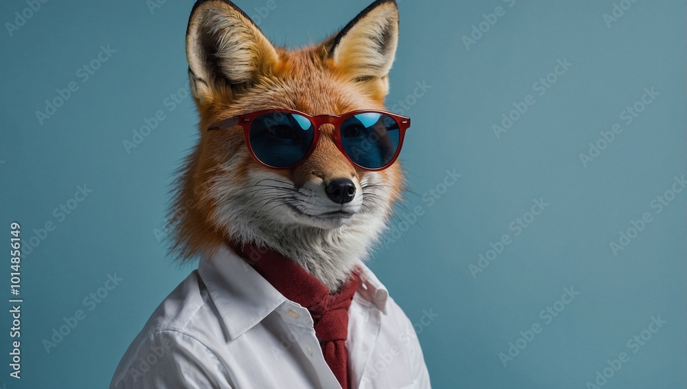 A fox with sleek red fur wearing a white button up shirt