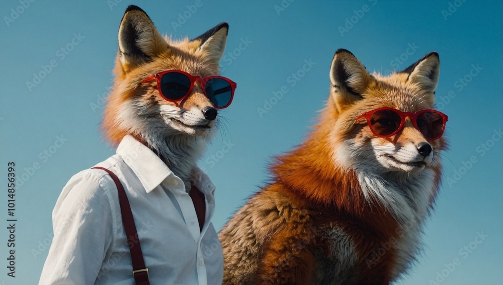 A fox with sleek red fur wearing a white button up shirt