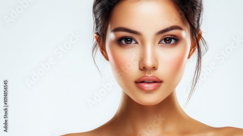 Beautiful young Asian woman with clean fresh skin on a white background, posing confidently for a skincare or facial treatment concept.