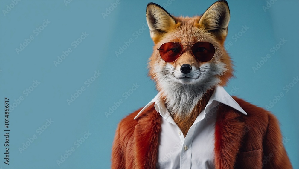 A fox with sleek red fur wearing a white button up shirt