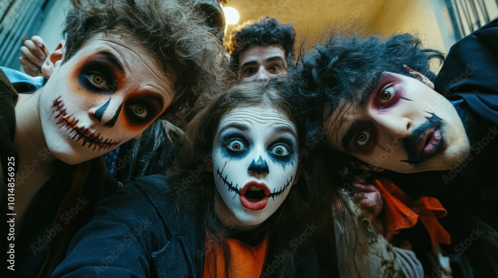 Selfie of group of people of different ages looking into camera, people make funny faces, people dressed in halloween costumes and make-up, halloween concept image