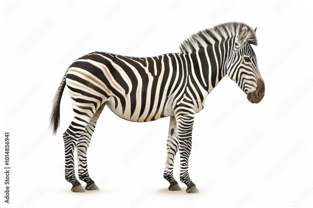 A single zebra stands alone against a plain white background, ready for use in graphic design or photography projects A single zebra stands alone against a plain white background, ready for use in graphic design or photography projects