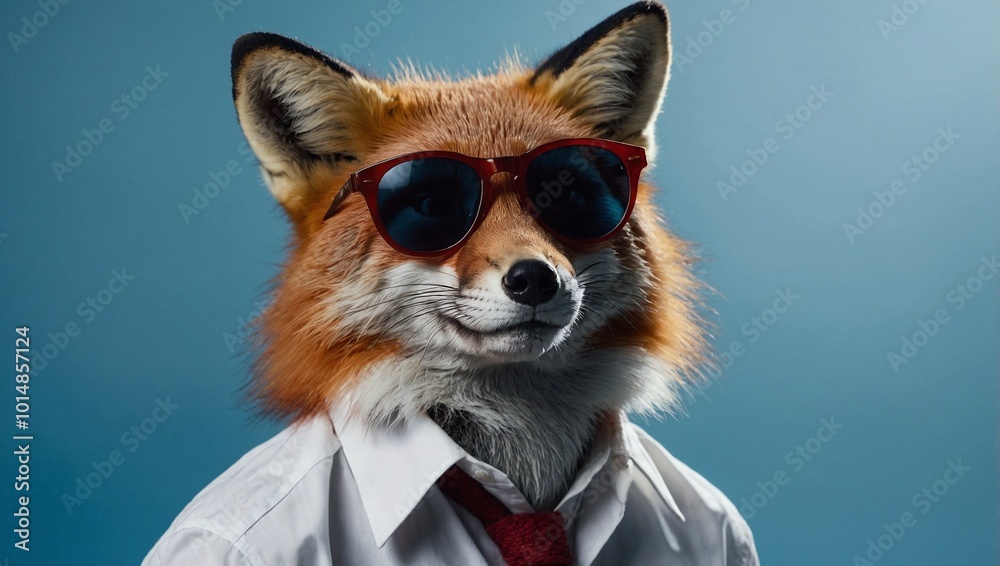 A fox with sleek red fur wearing a white button up shirt