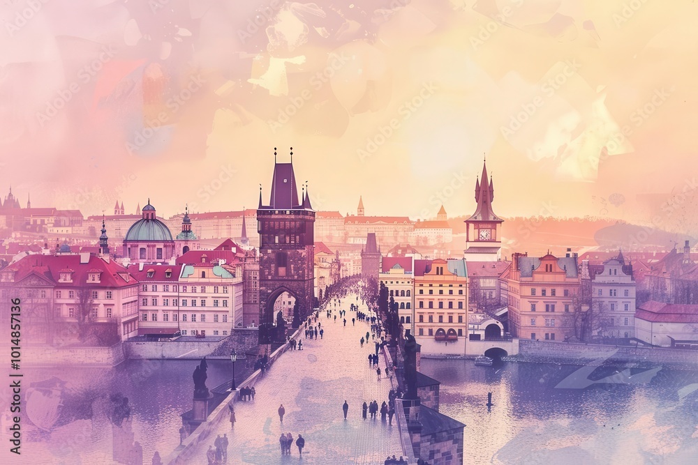 Fototapeta premium Charles Bridge in Prague, Czech Republic, flat design, top view, cityscape theme, watercolor, colored pastel