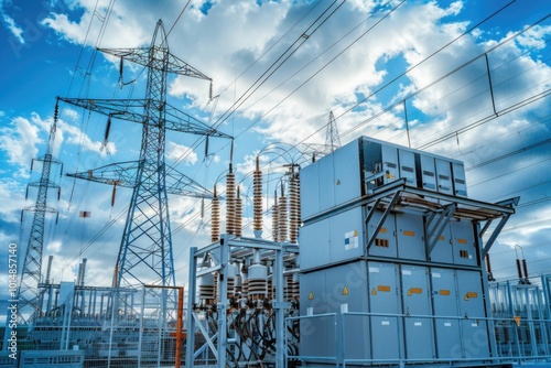 Power transmission equipment and high-voltage lines near a utility substation photo