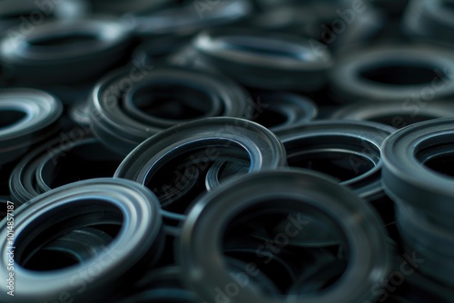 A collection of black rubber rings piled high