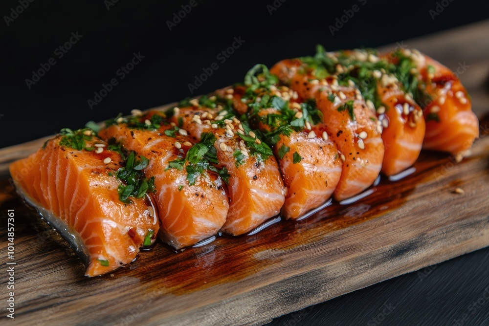 Sliced salmon sashimi on the board with herbs - generative ai Sliced salmon sashimi on the board with herbs - generative ai