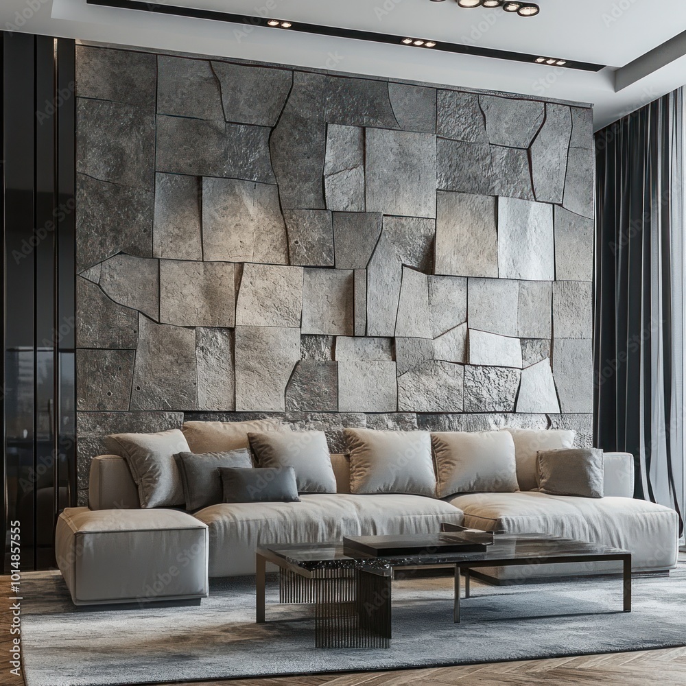 Naklejka premium A modern living room with a stone wall, a couch and a coffee table.