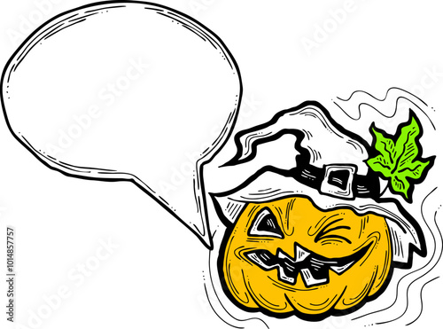 Happy Halloween pumpkin monster with speech bubble. Decorative template for night party invitation, poster print, quotes background. Hand drawn illustration, comic style, cartoon vector character. photo