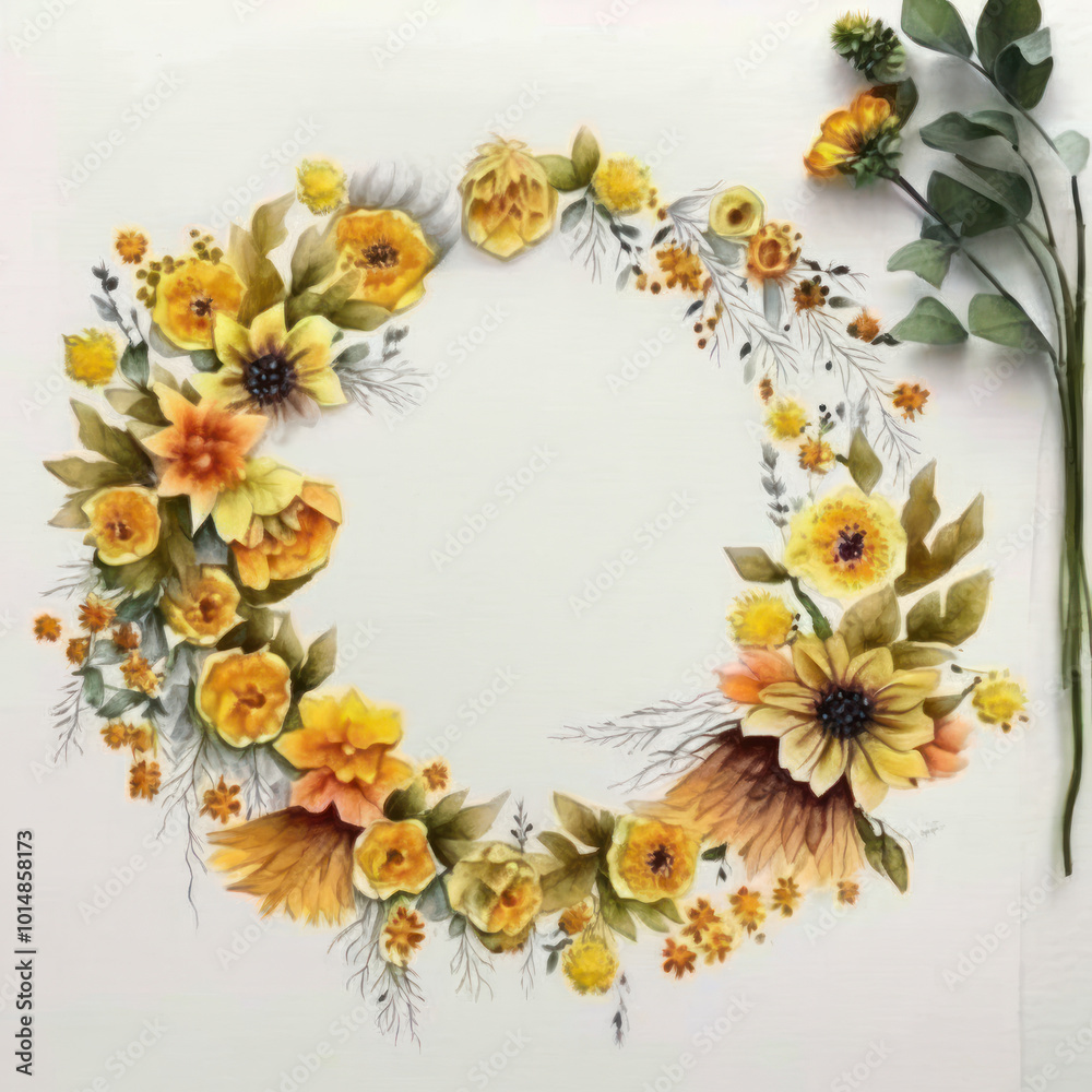 Watercolor wreath made with wildflowers and leaves on white background. Floral decorative Frame. Watercolor wreath made with wildflowers and leaves on white background. Floral decorative Frame.