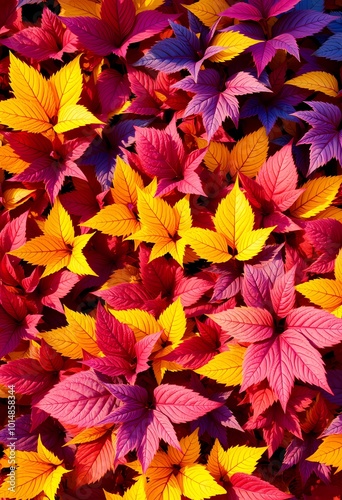 Detailed Bed of Autumn Leaves in Burgundy, Golden Yellow, and Vivid Blue Illuminated by Soft Sunlight