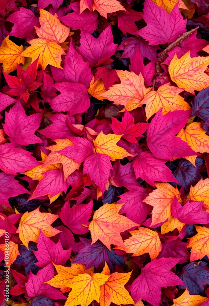 Fototapeta premium Densely Packed Fall Leaves in Red, Yellow, Purple, and Blue with Natural Imperfections and Soft Light