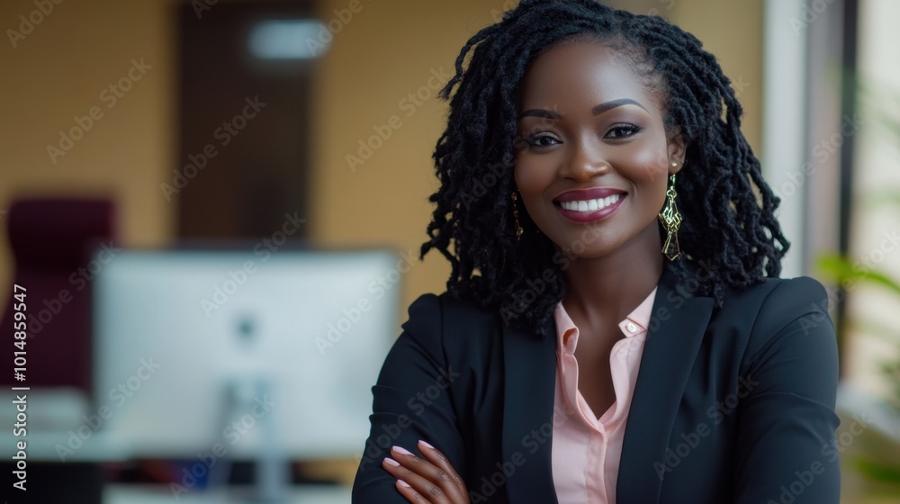 Confident African woman with arms crossed, smiling in her office, portraying a successful and proud business leader in the corporate legal sector.