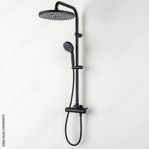 Modern black showerhead with handheld option, minimalistic design, white isolated background.