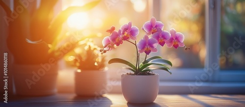 Pink orchid plant in a white pot on a windowsill, sun shining through the window.