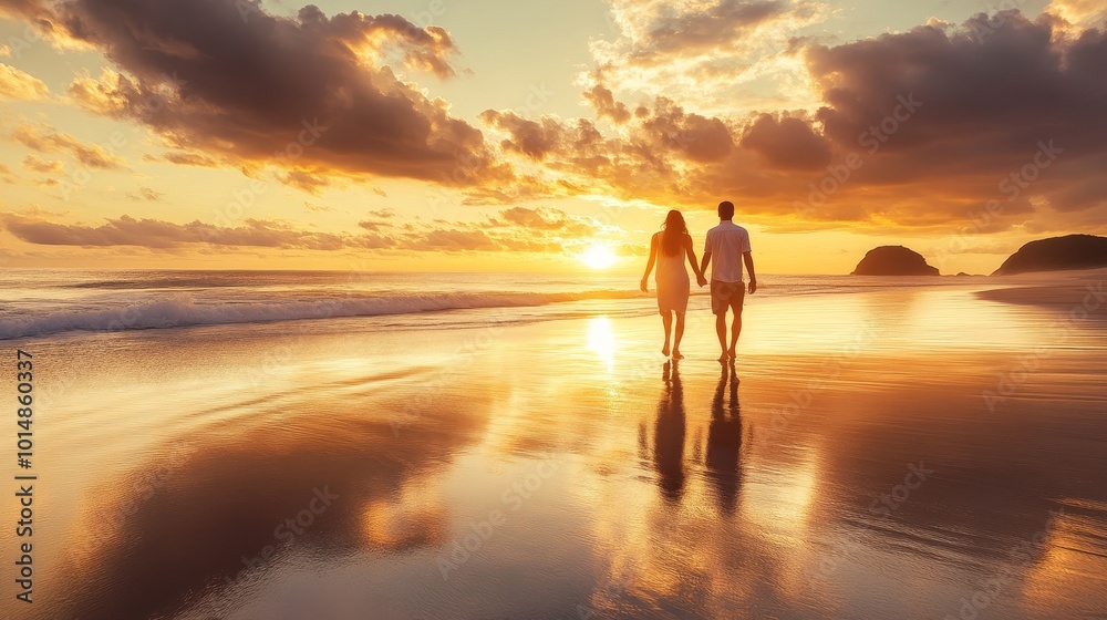 A couple walks hand-in-hand along a serene beach at sunset, creating a romantic and peaceful atmosphere. A couple walks hand-in-hand along a serene beach at sunset, creating a romantic and peaceful atmosphere.