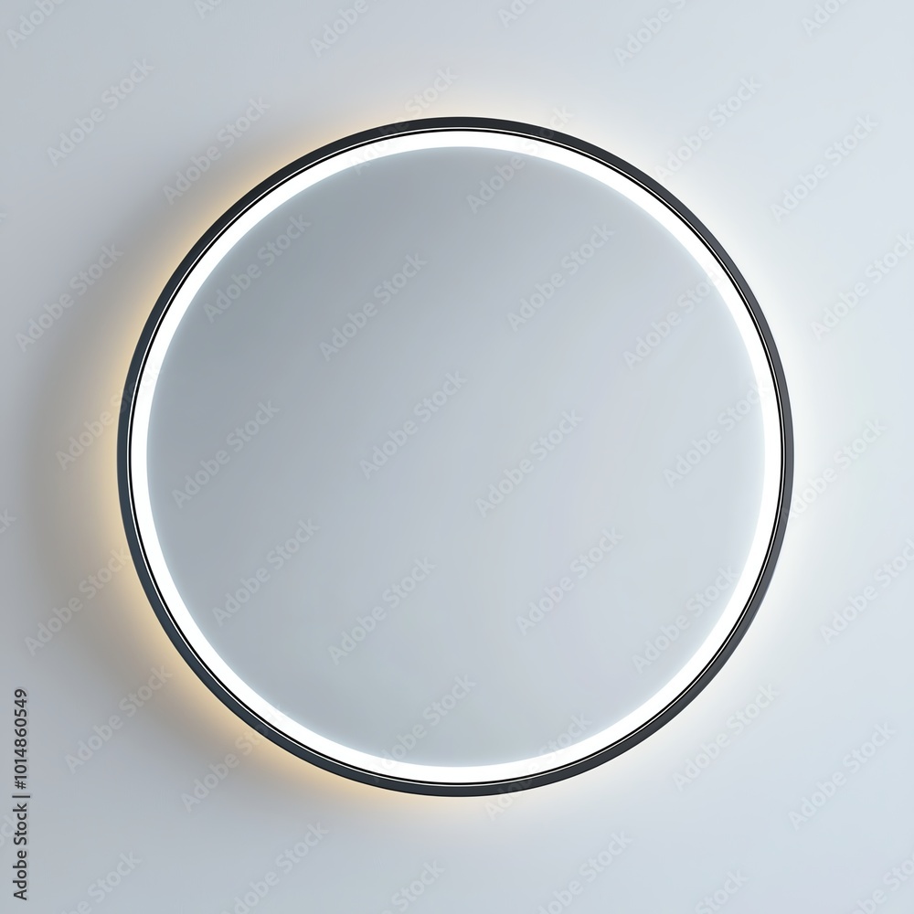 Modern circular mirror with a sleek black frame and ambient lighting on a minimalistic background. Modern circular mirror with a sleek black frame and ambient lighting on a minimalistic background.