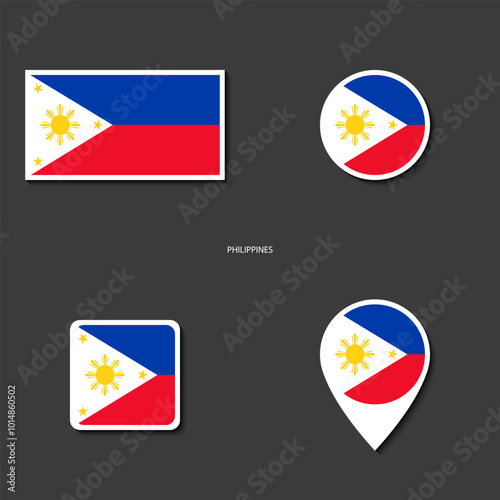 Philippines flag icon set in different shape (rectangle, circle, square and marker icon) on dark grey background. Philippines sticker icon collection on barely dark background