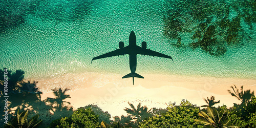 A plane is flying over a beach with palm trees