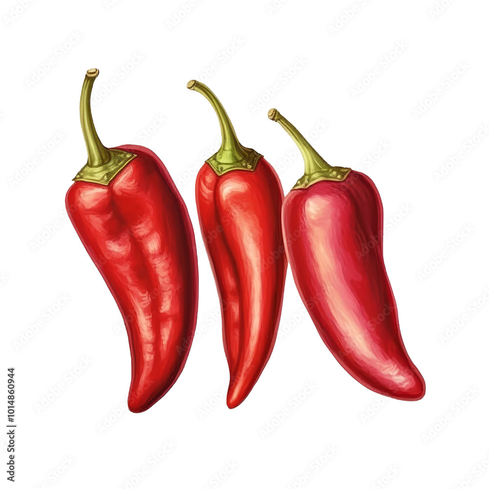 Three Fresh Red Chili Peppers Arranged Together on White Background Three Fresh Red Chili Peppers Arranged Together on White Background