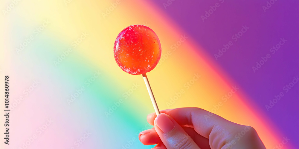 A person is holding a lollipop with a rainbow background A person is holding a lollipop with a rainbow background