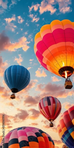 Vibrant hot air balloons soaring into the sky at sunset, surrounded by scattered clouds in a scenic and colorful balloon festival.