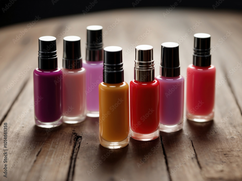a set of small bottles with manicure nail polish varnish on the table. AI Generative