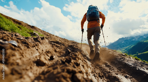 Close-Up of Hiker's Face in Desperate Sprint on Mountain Trail with Crumbling Ground and Landslide in Action photo